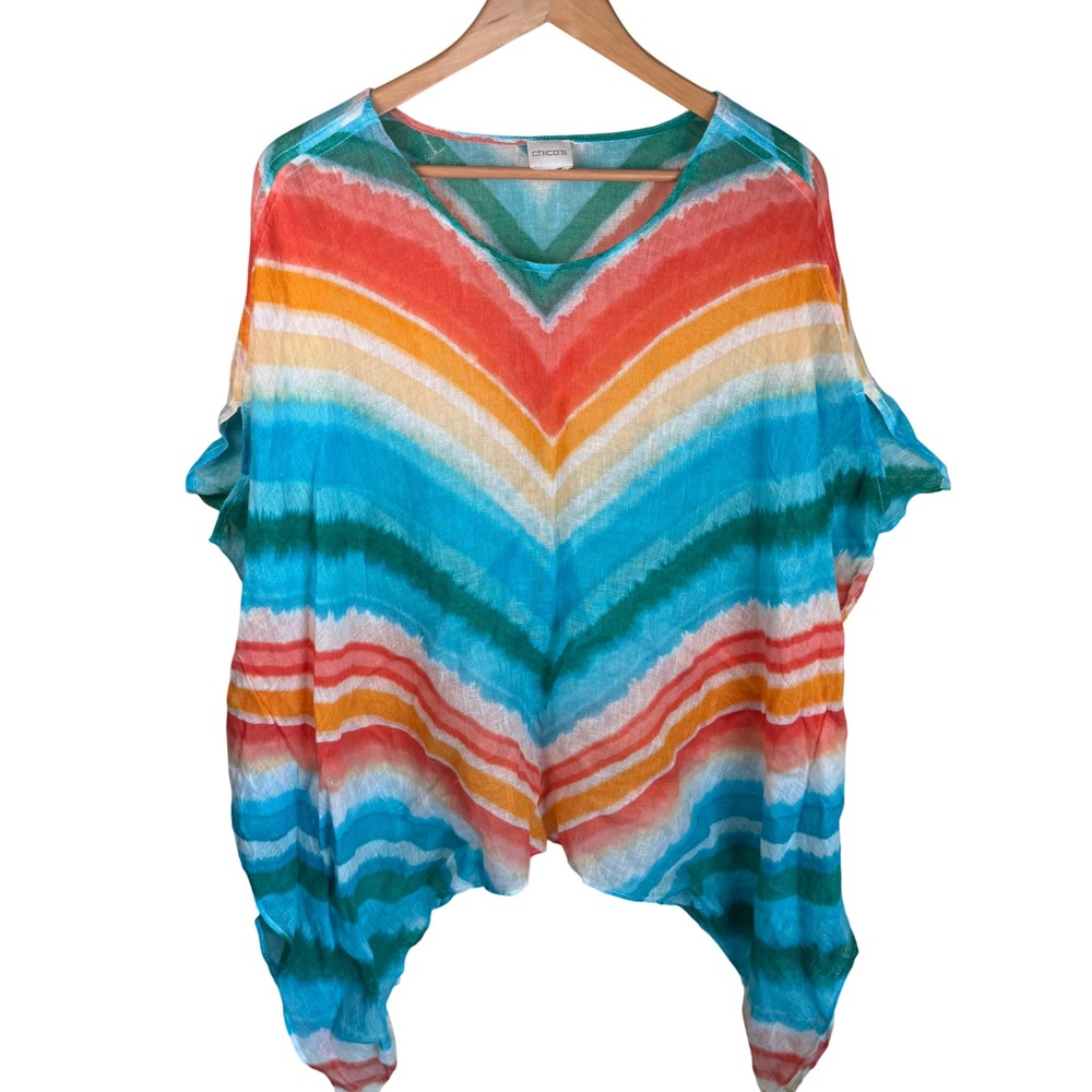 Chico's Poncho Linen Women One Size Multicolor Chevron Stripe Boho Gauzy Kaftan